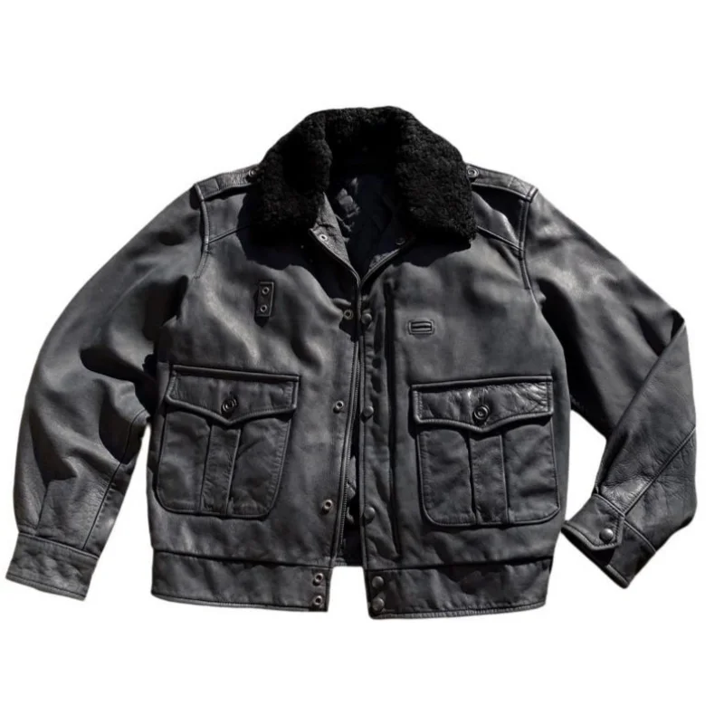 

Black Winter Leather Jacket Men Retro Vintage Style Plus Size 5XL Genuine Natural Cowhide Wool Collar Mounted Police Coat