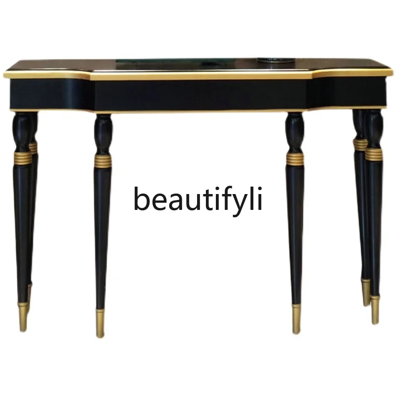 

American light luxury entrance table ultra-narrow solid wood semi-round table entrance table black gold-painted customization