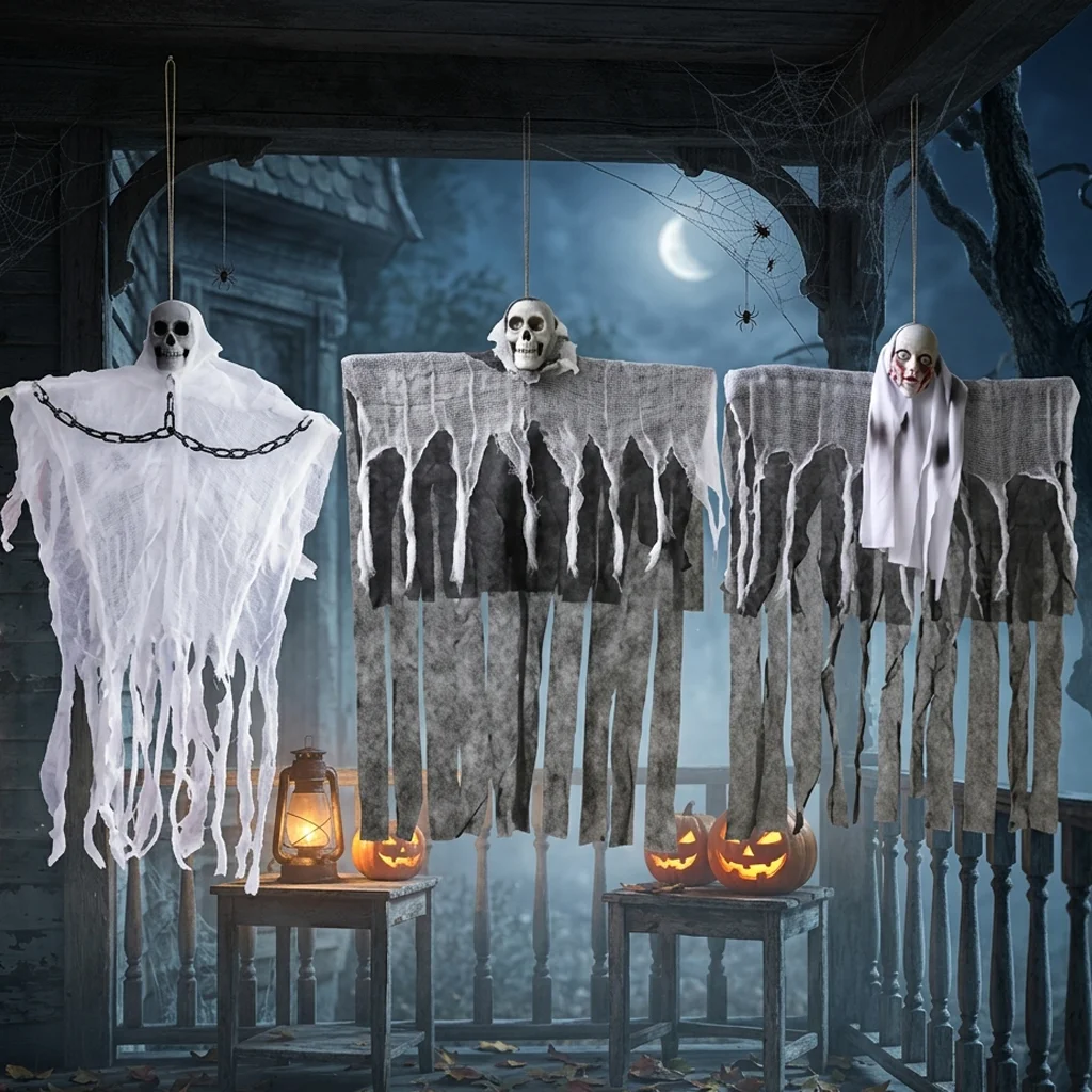 Halloween Hanging Ghost Skull Skeleton Gauze Scary Props Haunted House Outdoor Yard Garden Horror Decoration Lofytain