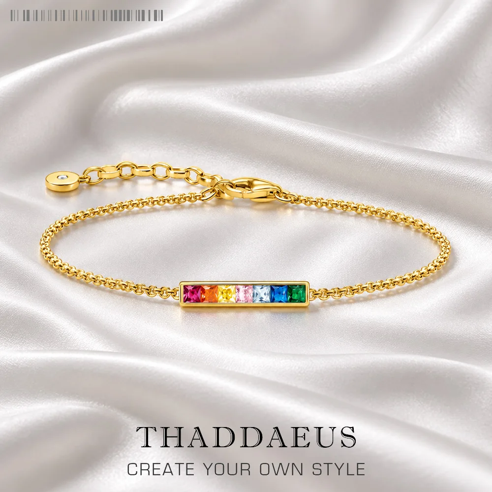 Gold Plated Bracelet Link Chain Colourful Stones 925 Sterling Silver Vintage Jewelry Europe Women Gift