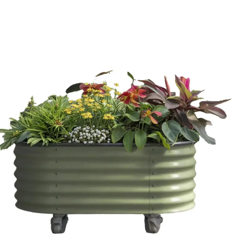 

Large outdoor self-watering garden bed galvanized metal rolling pot with lining for vegetable pot nursery decoration
