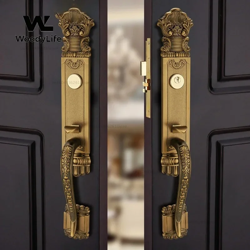 Luxury European Solid wood Villa Interior Door Lock Gate Outdoor Double Open Yellow Bronze Wooden Door Lock