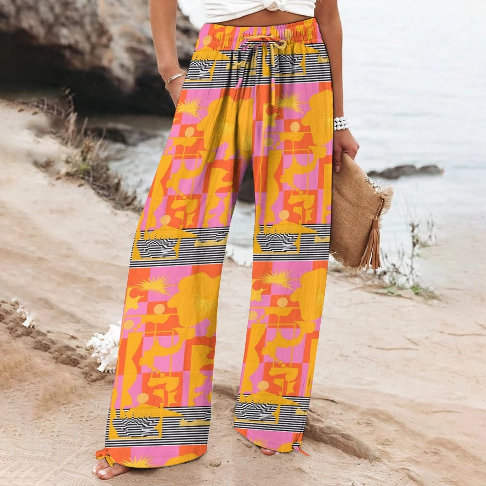 

Women's Casual Loose Pants, Contrasting Color Printing, Bohemian Style, Beach Vacation, Trendy New Wide-Leg Pants