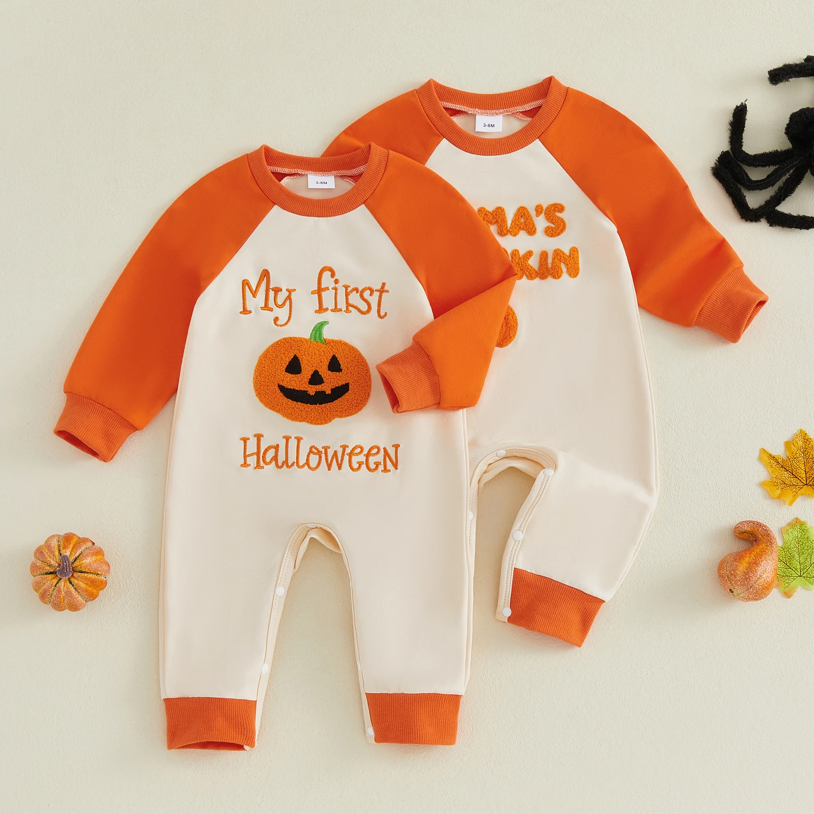 Baby Halloween Romper Pumpkin Letter Embroidered Long Raglan Sleeve Jumpsuit Cute Fall Holiday Clothes for Infant Boys Girls