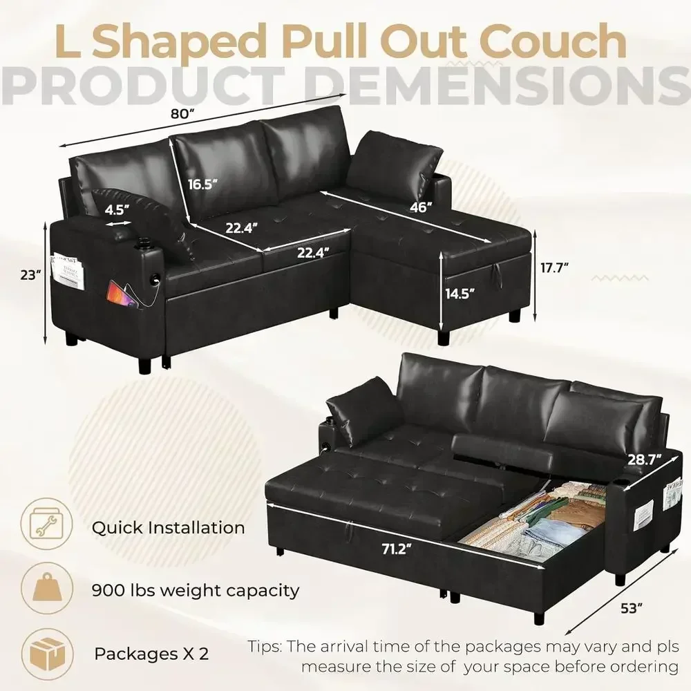80'' Sleeper Sofa with Pullout Bed, Storage Chaise, USB & Cup Holders, L-Shaped Convertible Couch, Black Leather Living Room Fur