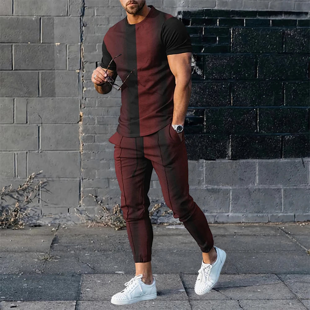 Fashion Colorful Blocks 3D Print Men Sportswear Set Short-Sleeved T Shirt Pants 2-Piece Set Oversized Pullover Men Clothing
