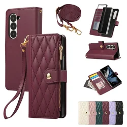 Crossbody Leather Phone Case for Samsung Galaxy Z Fold 6 5 4 3 Fold6 Fold5 Fold4 Fold3 Wrist Strap Wallet With Card Holder Cover