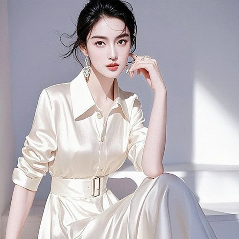 여자의 흰색 새틴 프랑스어 우아한 사무실 긴 소매 셔츠 드레스 2025 새로운 봄 허리 패션 럭셔리 드레스 숙녀 Y2K