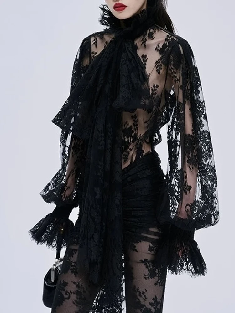 

Women's clothing Y2K autumn and winter bow ribbon long-sleeved top with sheer lace Women shirts 2025 high-quality new style