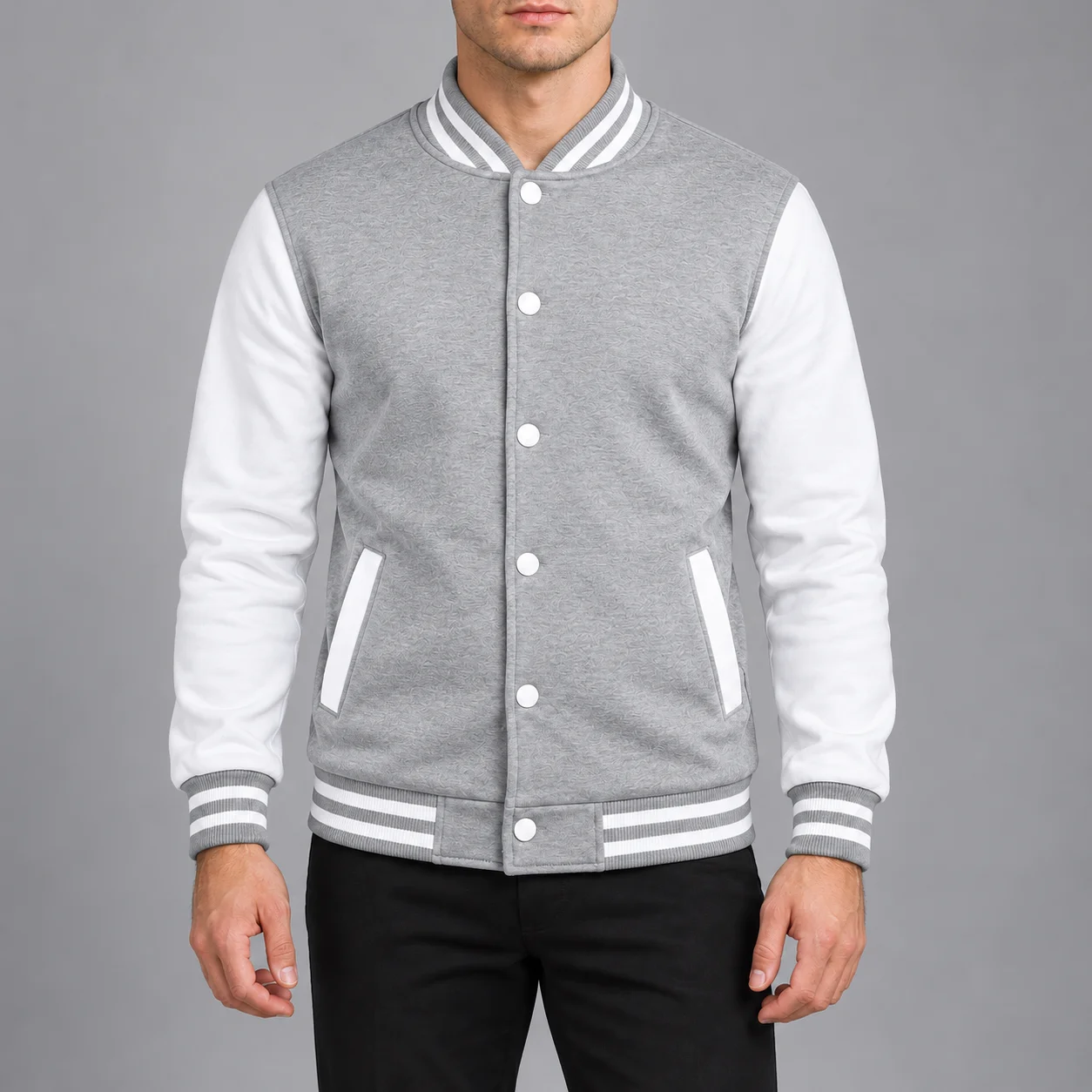 Retro Baseball Jacket for Men with Contrast White Sleeves, Snap Button Front and Striped Collar, Casual Autumn Winter Streetwear 5