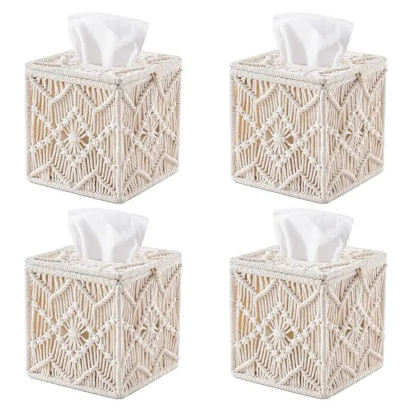 AB33-4X Tissue Box Cover Boho Decor Square Paper Tissue Holder With Bead Buckle Macrame Napkin Tissues Organizer Home Decor