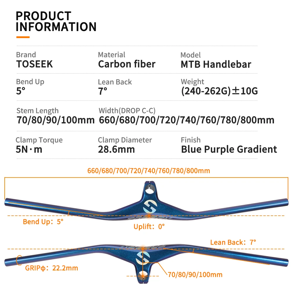 TOSEEK-Carbon Fiber Integrated Handlebar Stem, Mountain Bicycle Parts, Dazzle Blue to Purple Glossy, 17 Degrees, MTB