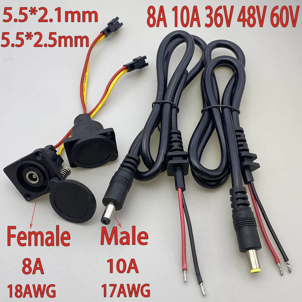 DC2.1/2.5 Charger Plug Socket Electric Bicycle Charging Head Lithium Battery Output Line 36V/48V/60V Round Male and Female Base