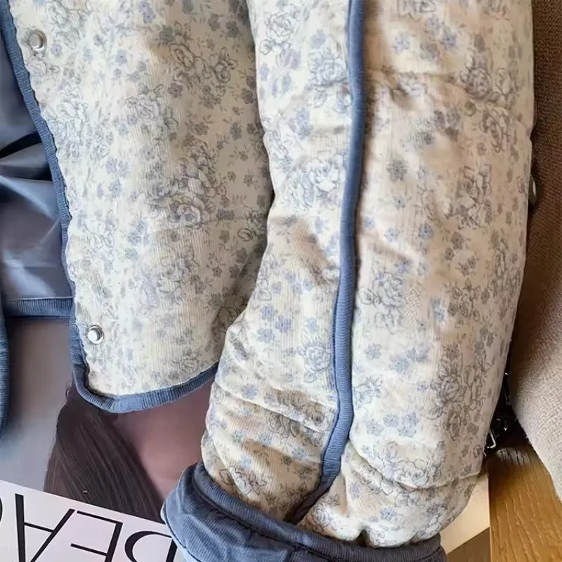 Coreano gola floral algodão jaqueta feminina outono inverno quente curto algodão acolchoado outerwear doce design azul topos