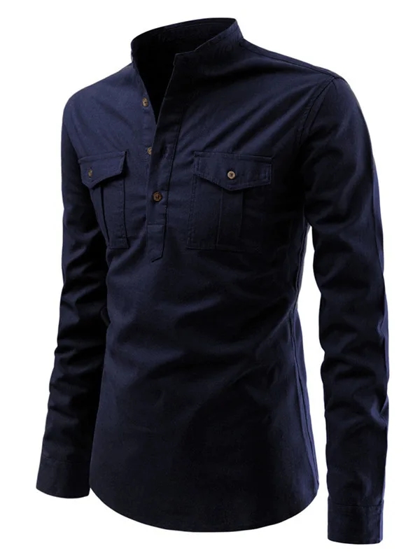 

Spring Mens Longsved irt Pullover Standup Collar Thiened PU Leather Loose Fit Summer Casual Cleanfit Sle Pure Color