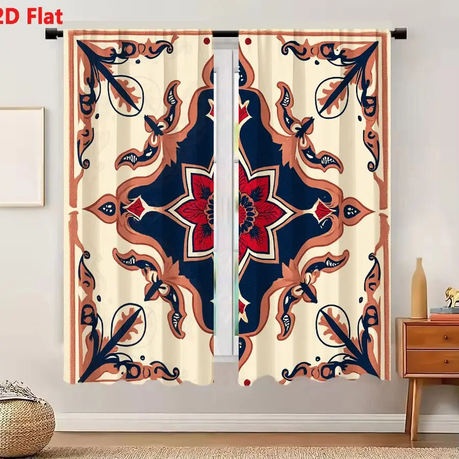 2Pcs Curtains 2D Flat Symmetrical Square Decorative Pattern With Red Star And Tan Leaves On Navy Blue Background Window Drapes f