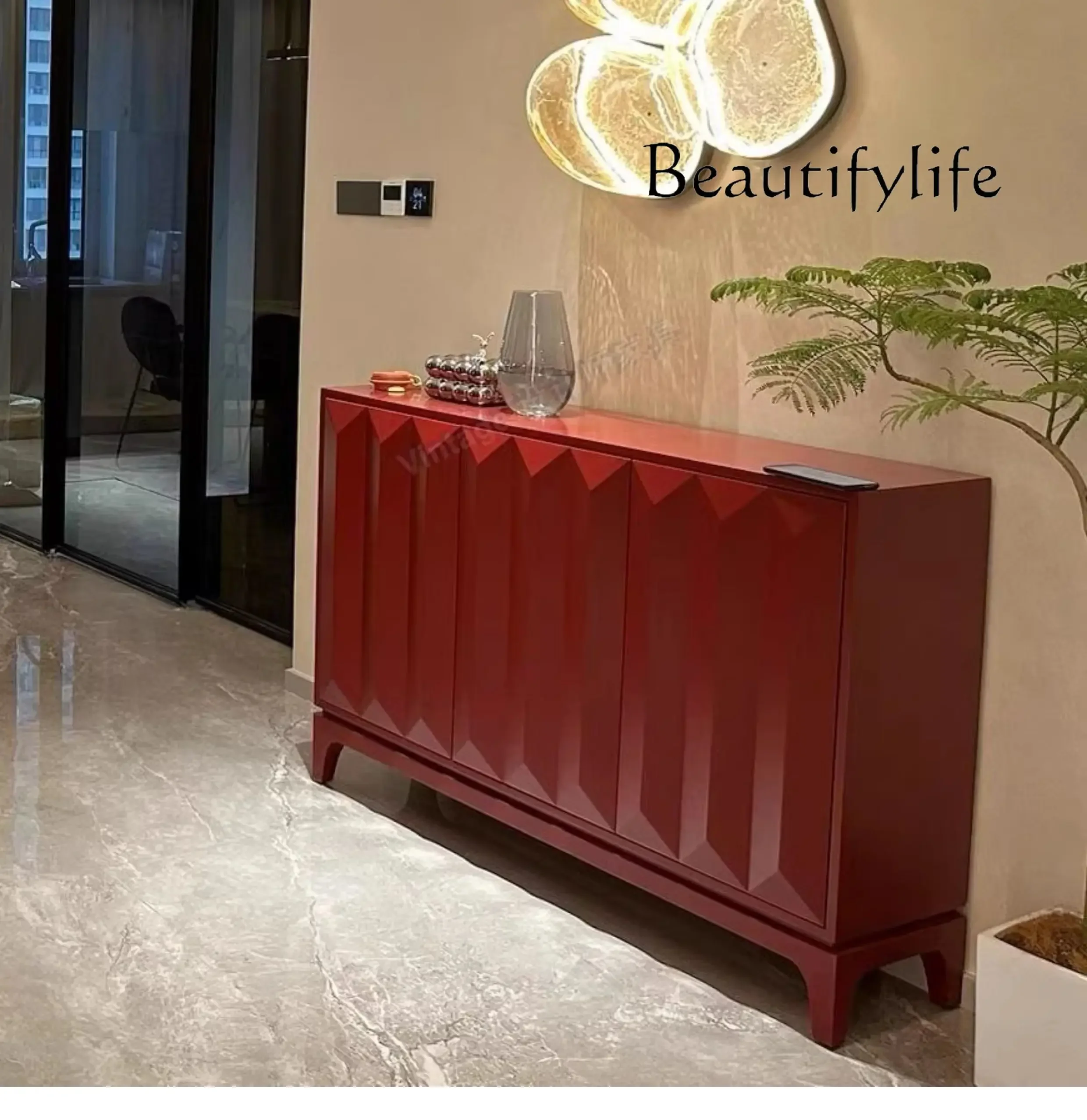 

XR Medieval Retro Solid Wood Red Dining Side Cabinet, Living Room Wall Locker, Designer Villa Room Entrance Cabinet