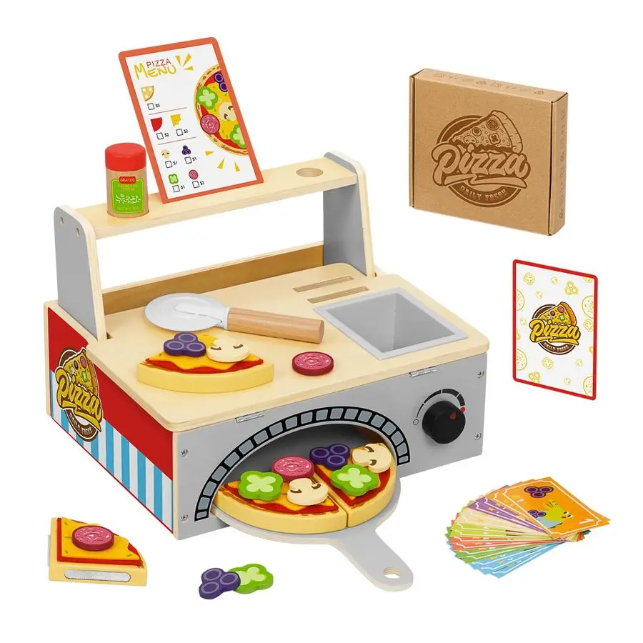 

Wooden Pizza Toy Kids Pizza Counter Playset, Toy Pizza Oven Montessori Pretend Play Toys with Toy Food, Bake Oven, Role Play Set