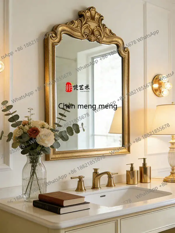 

American bathroom smart bathroom mirror wall hanging bathroom carved makeup mirror light luxury porch fireplace
