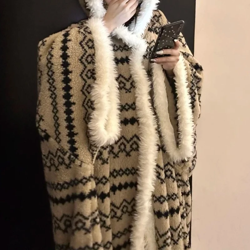 

Striped Coral Fleece Pajamas Women's 25 New Winter Hooded Robe Nightgown Fleece Thickened Loungewear Set