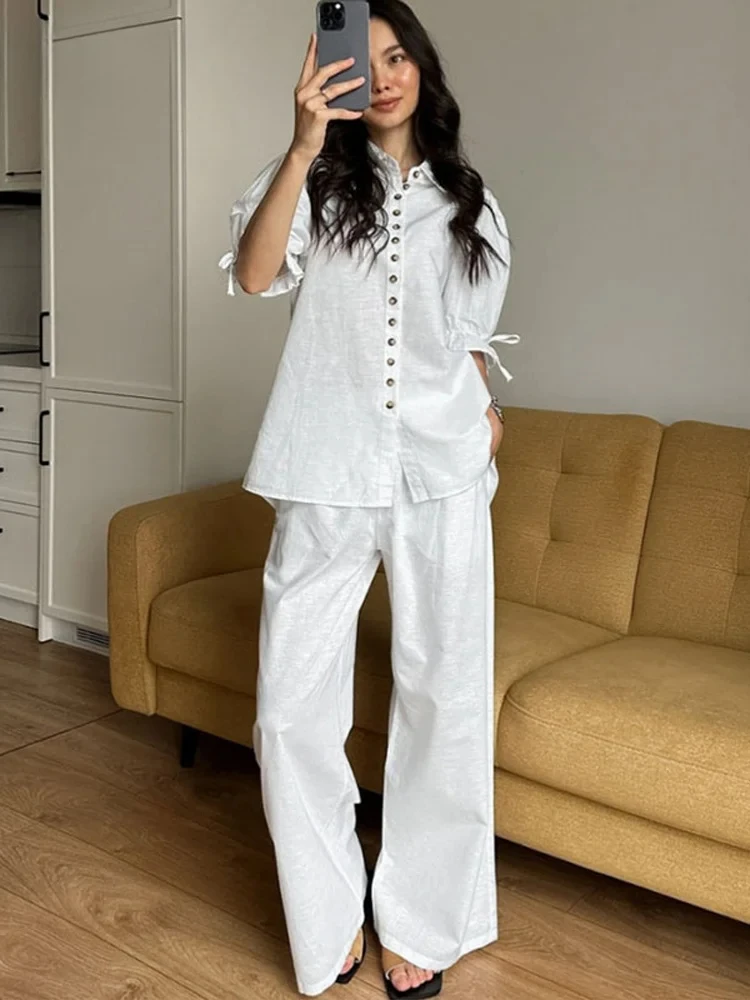 

Casual Solid Pants Sets 2 Pieces For Women Lapel Short Puff Sleeve Shirts Pocket Wide Leg Pant Summer Lady Vacation Outfits