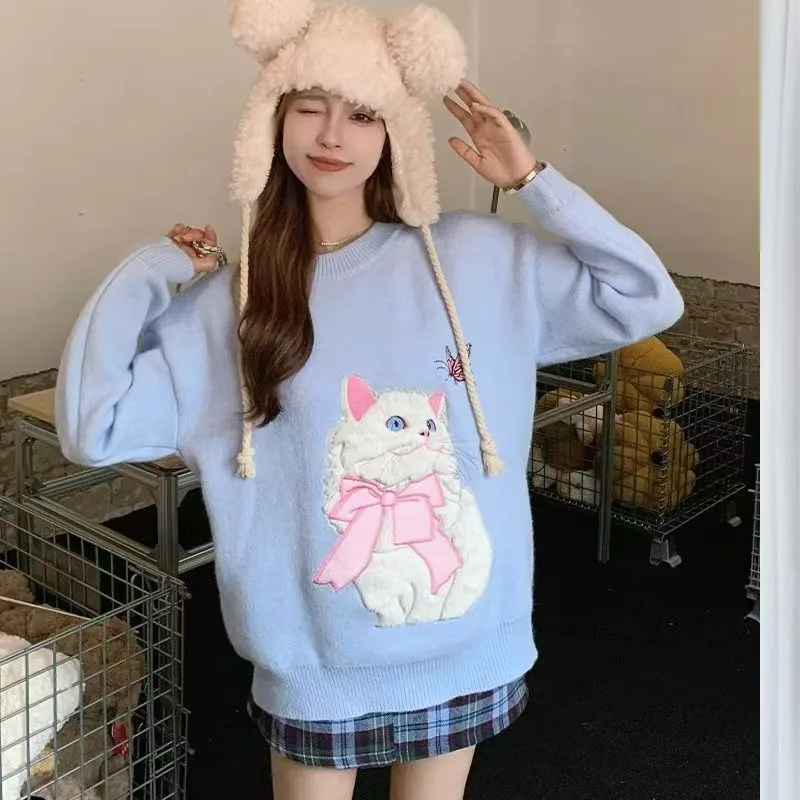 Y2k الجمالية القط التطريز الوردي محبوك البلوزات للنساء طويلة الأكمام س الرقبة عادية تريكو فتاة لاعبا الكورية اليابانية #6