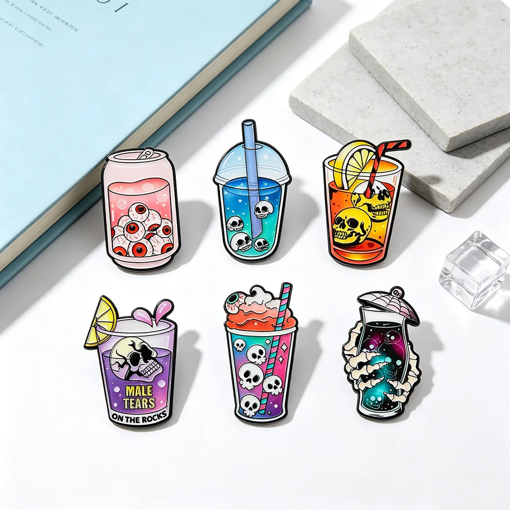 6pcs Cool Halloween Enamel Pin Collection Spooky Skull Eyeball Soda Milk Tea Cup Metal Brooches Gothic Accessories Gift - view 3