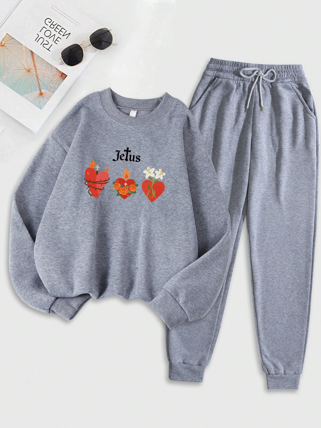 Conjunto de sudaderas con estampado de flores envueltas en forma de corazón para mujer, traje deportivo holgado, sudadera básica de moda, ropa suave y cálida