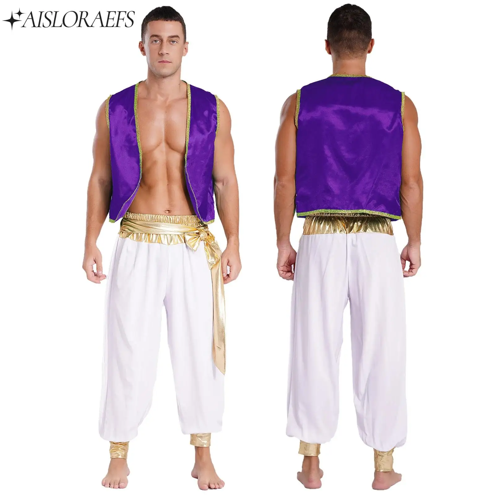 

Men Arabian Prince Costume Set Sleeveless Braided Trimming Open Front Waistcoat+Pants Suit for Halloween Party Cosplay Role Play