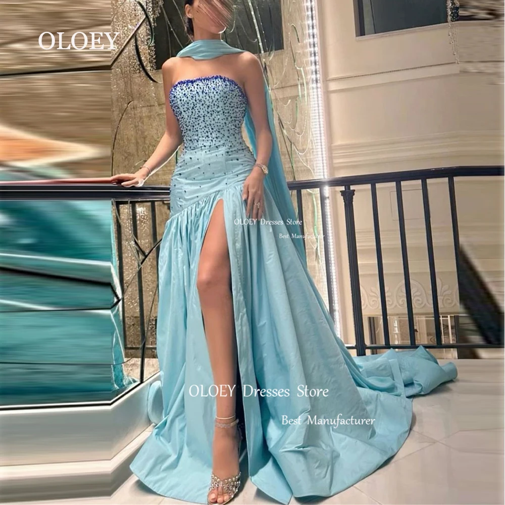 

OLOEY Strapless Arabic Mermaid Light Blue Evening Dress With Long Scarf Pleats Satin High Slit Sleeveless Wedding Party Dress