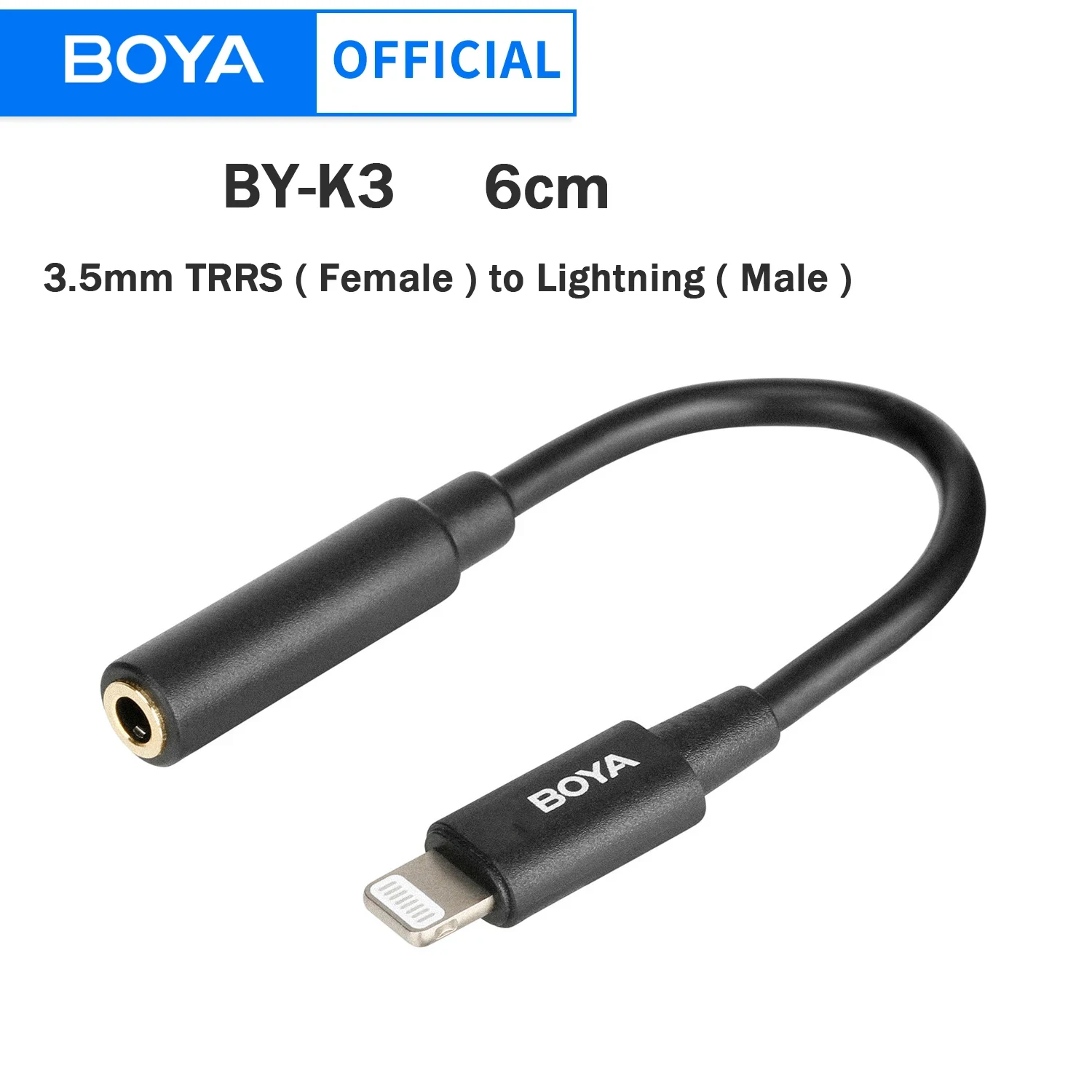 BOYA BY-K3 Audio Adapter Cable 3.5mm TRRS Female to Apple MFi Certified Lightning for iPhone iPad iPod touch iOS Devices  6cm