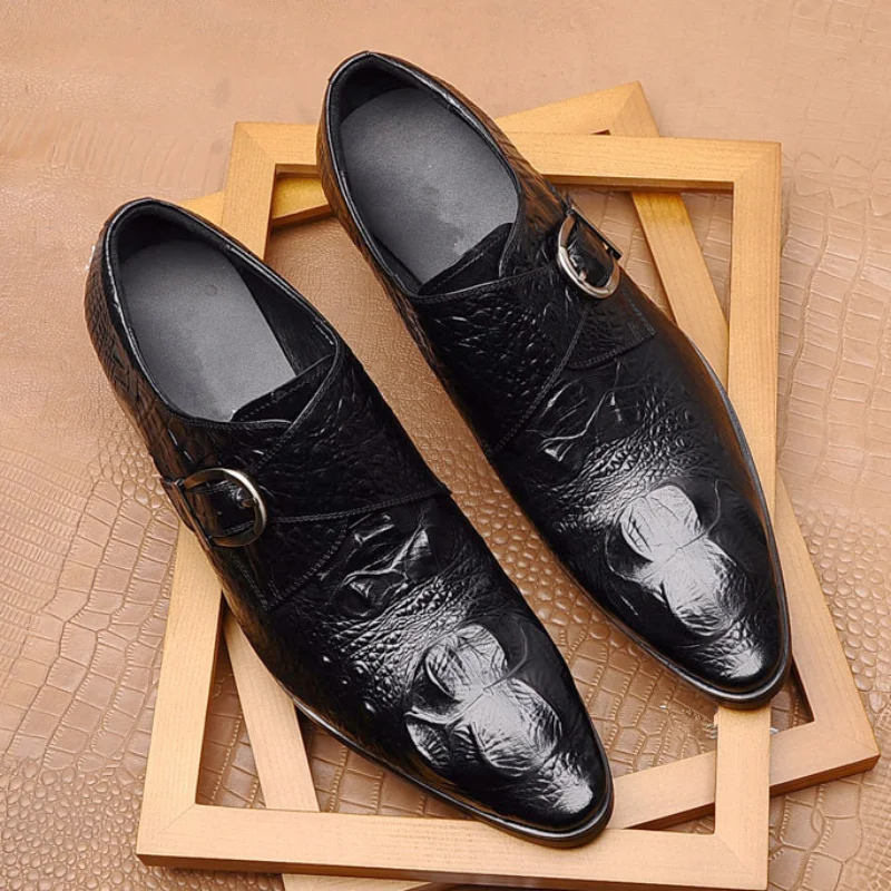 Elegant Man Dress Shoes Leather Men Loafers Sharp Point Men\'s Wedding Shoe Formal Horse Street Buckle Mens Genuine Good Quality