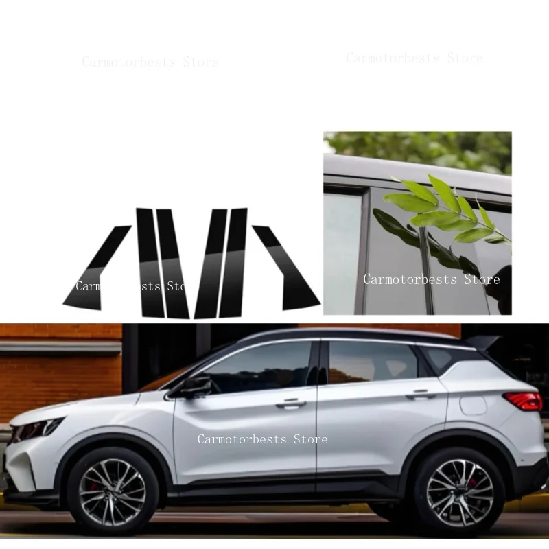 6PCS Glossy Black Pillar Posts Fit For Geely Coolray 2020-2026  Silver Window Door Column B C Sticker Cover Trim