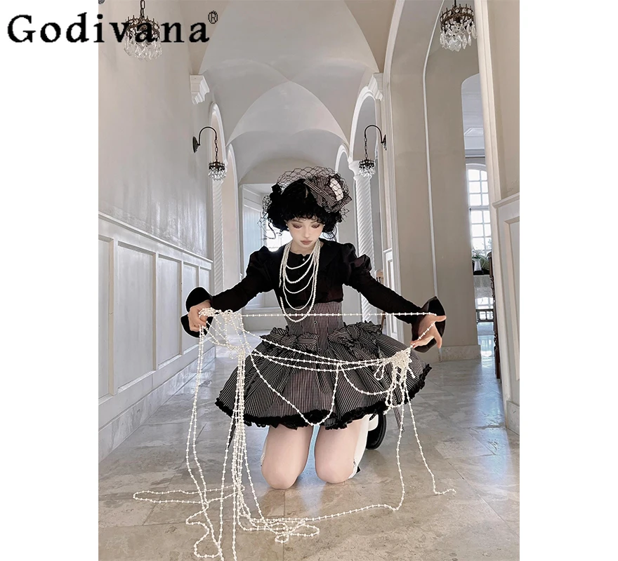 القوطية لوليتا ملابس النساء النمط الياباني قميص أسود مخطط تنورة مجموعة الإناث الخريف التخسيس ارتداء اليومي تنورة الدعاوى #4