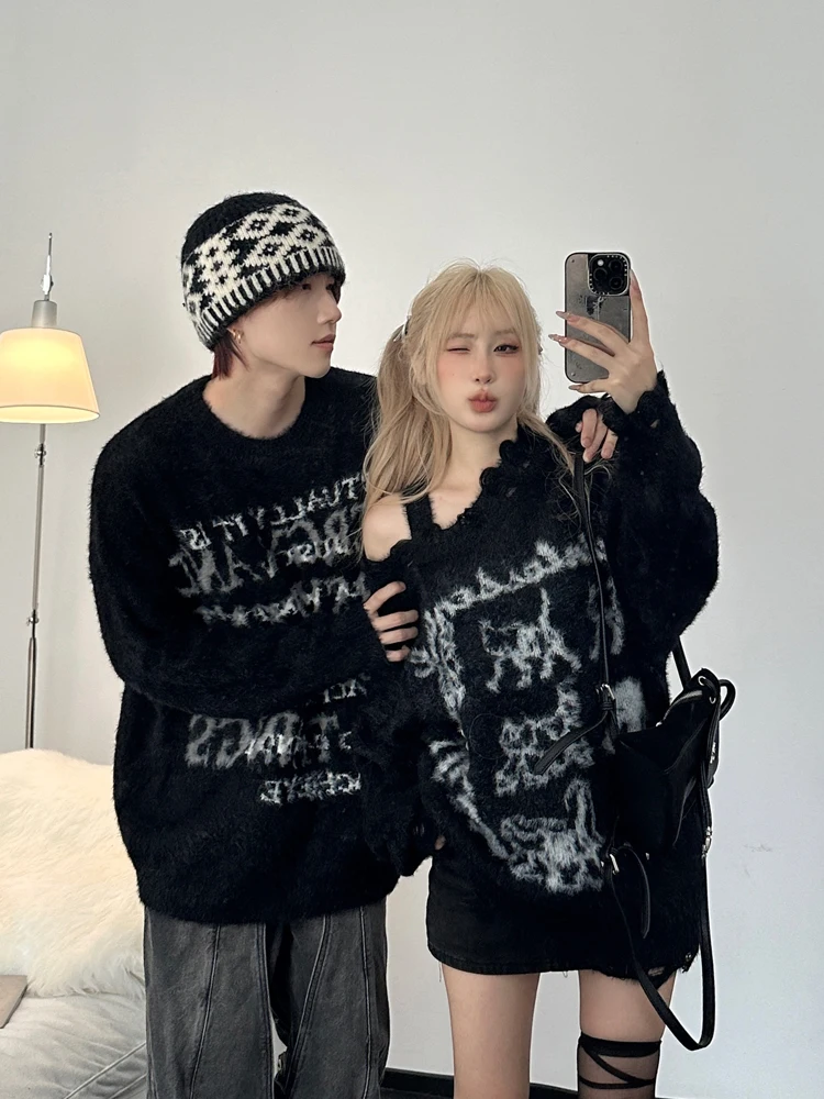 

Круглый трикотаж с вышивкой буквами в американском стиле ретро, наряд для пары, осень-зима, модный брендовый крутой свитер высокого класса