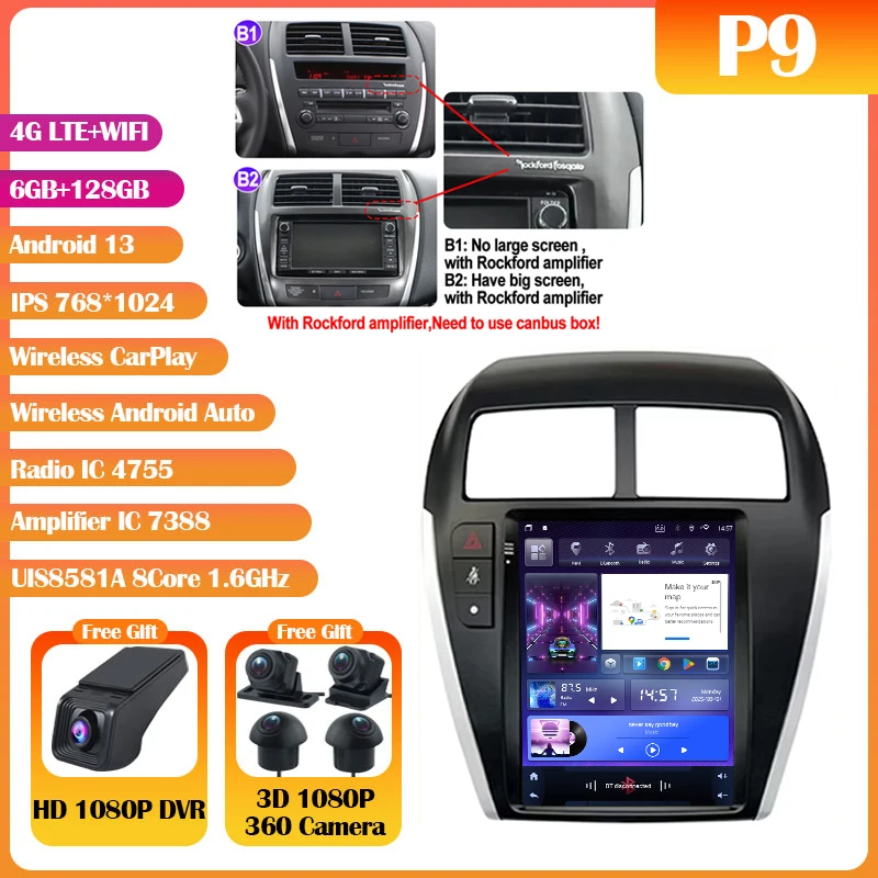 Android 14 Mitsubishi Asx 1 2010-2016 9.7 "7862S QLED Autoradio Multimedia Video Player Carplay Auto GPS Navi Stereo Geen DVD 2Din