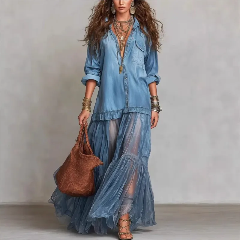 

New Women's Imitation Denim Maxi Dresses Autumn Mesh Splice Long Sleeve V-neck Single-breasted Organza Hem Casual Elegant Dress