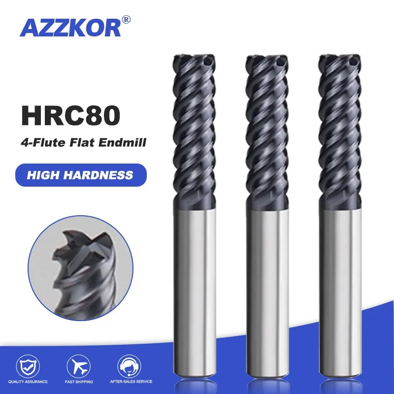 AZZKOR HRC80 High Hardness Milling Cutter Tungsten Steel Carbide Unequal Spiral 4-Flute End Mill CNC Machining Endmill Tools