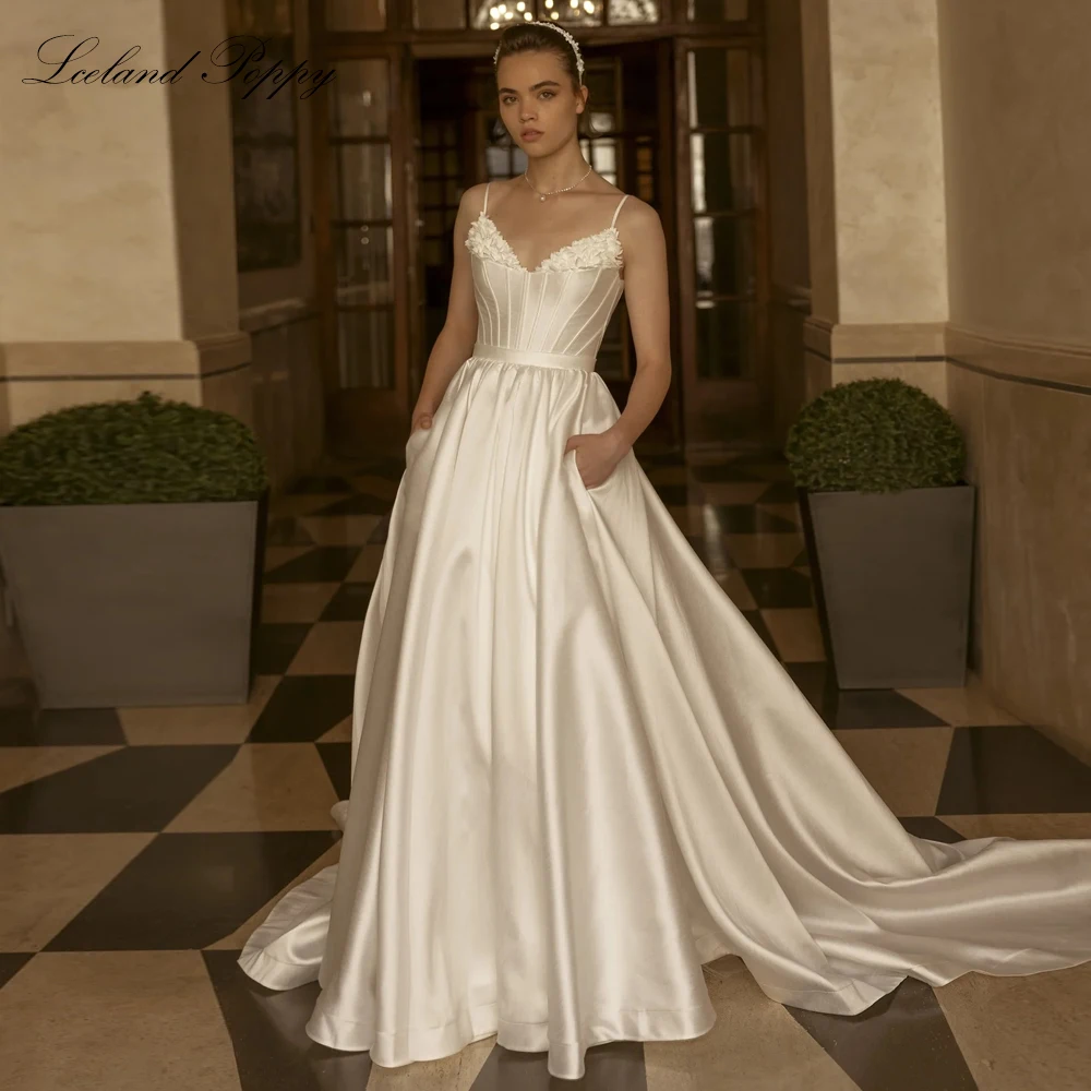 

Lceland Poppy Customized A Line V Neck Satin Wedding Dresses Sleeveless Bridal Gowns with Pockets