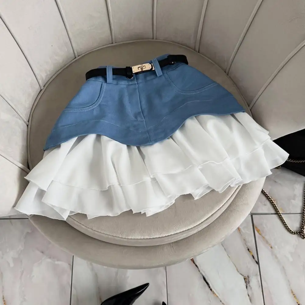 

Women's Ruffle Edge Cake Skirt Mini Dress with Pockets High-Waisted Denim Skirt European And American Cross-Border A-line Skirt