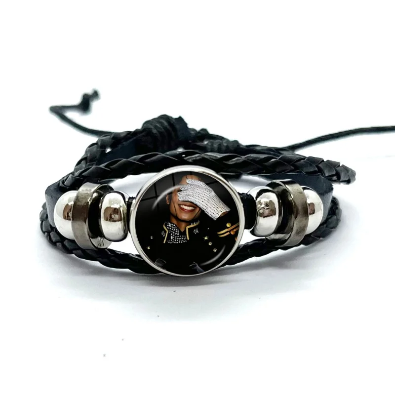 MJ Dance King Michael Jackson Leather Bracelets Glass Dome Snap Button Bracelet & Bangles Fashion Women Men Jewelry
