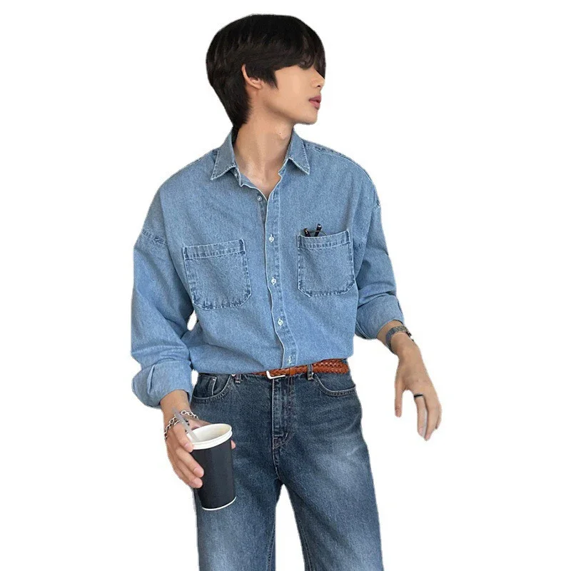 

Men Long-sleeved Pocket Shirt New Spring Autumn Korean Fashion Casual Solid Turn down Button Streetwear Male Oversize Top