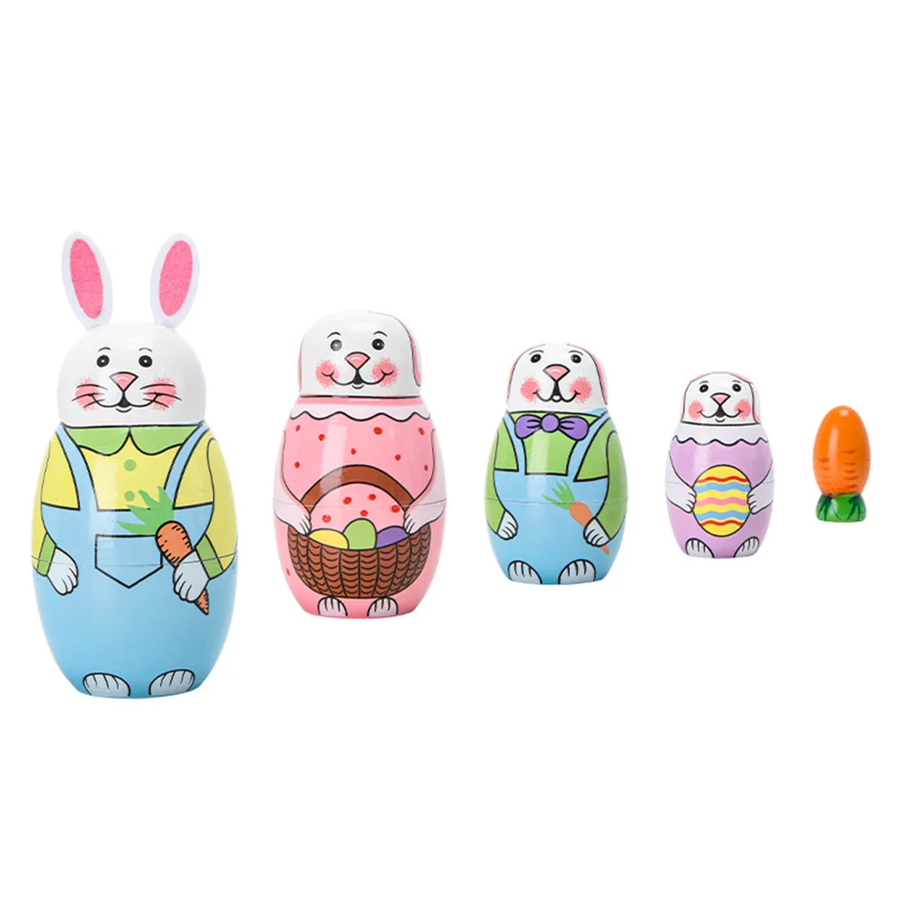 

Painted Bunny Nesting Decorative Wooden Matryoshka Toys Rabbit Stacking Safe Natural Wood Kids Play Lovely Design