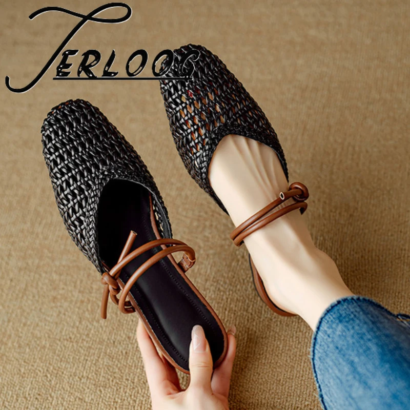 

Mesh Square Toe Women Slippers Weave Heeled Sandals 2025 Summer New Mules Shoes Casual Slingback Woman Flip Flops Zapatillas