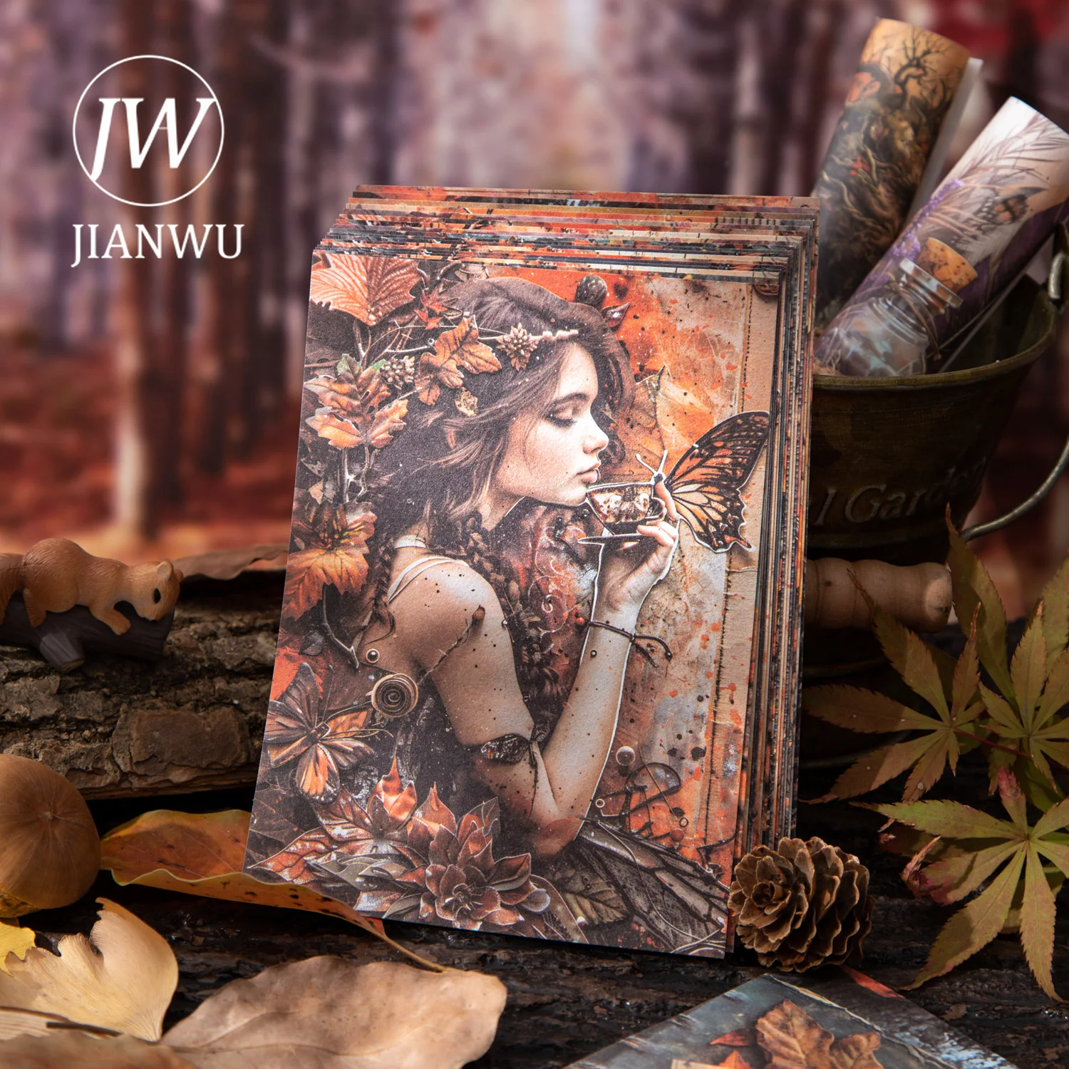 JIANWU Autumn Forest Memory Series Vintage Leaf Character Landscape Collage Scrapbook Material Creative Junk Journal Stationery