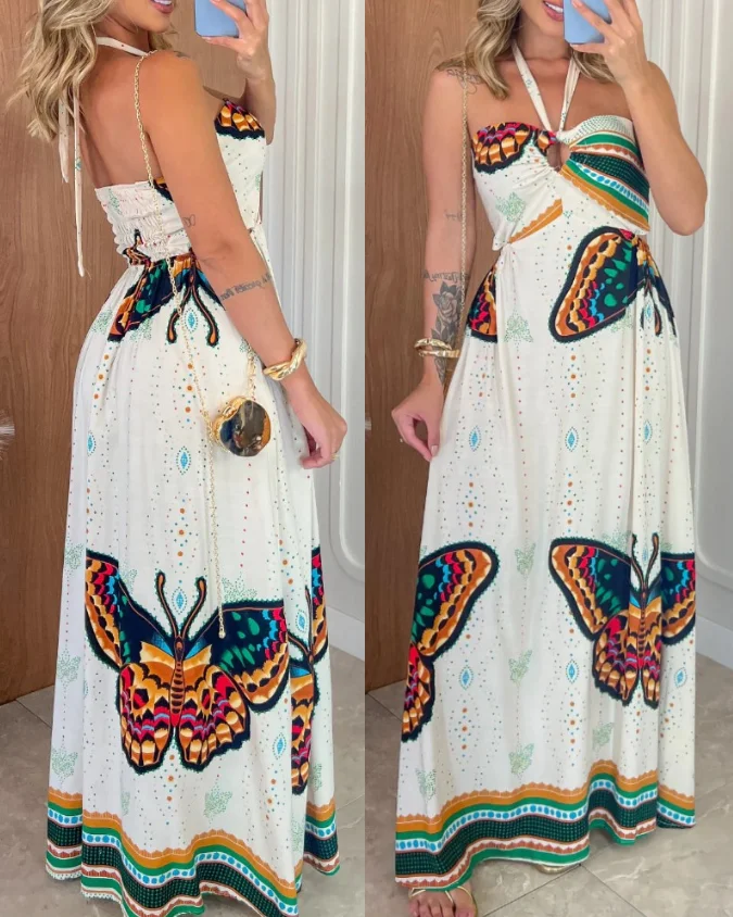 

Women's Dress Butterfly Pattern Halter Sleeveless Maxi Dress Casual Hollow-Out Waist A Line Dress Fashionable Retro Sexy Dress