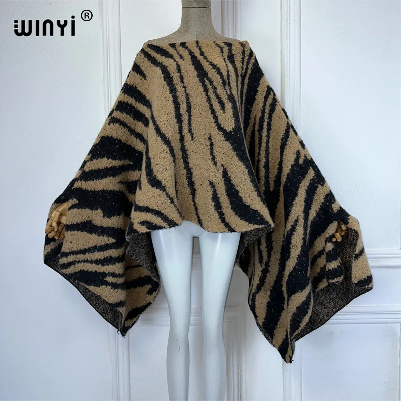 

WINYI winter Zebra print dress black fashion cape Holiday dress Elegant party winter ponchos for women loose cloak