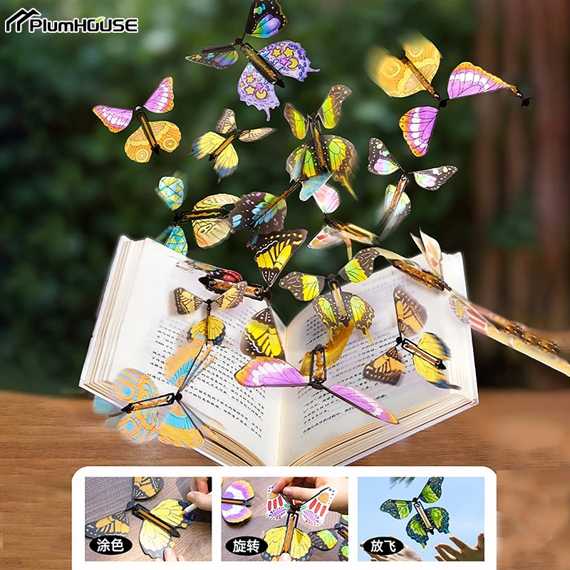 10/1Pcs Magic Flying Butterflies Wind Up Toy In The Sky Bookmark Greeting Card Rubber Band Powered Kids Magic Props Surpris Gift