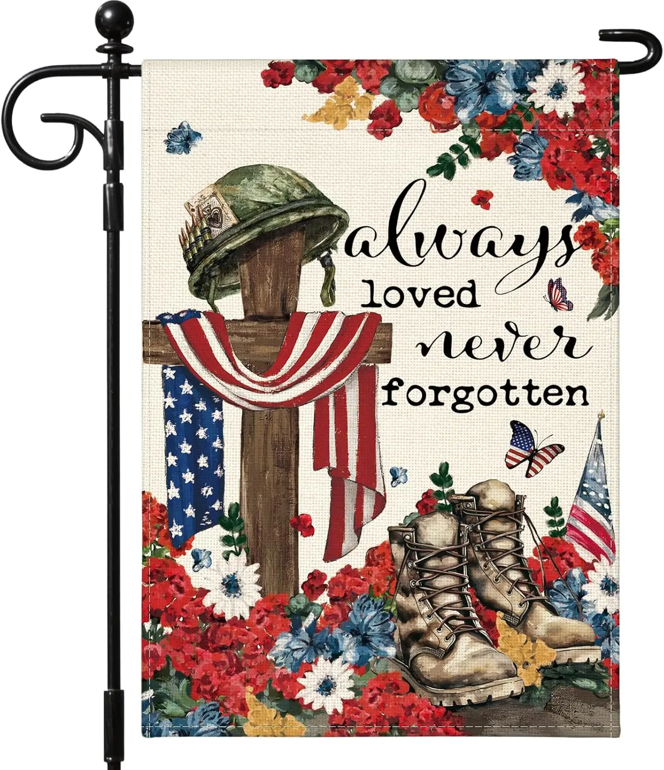 Artscope Patriotic Memorial Day Garden Flag 12x18 Inch Double Sided for Outside, Always Loved Never Forgotten Cross Garden F AAS
