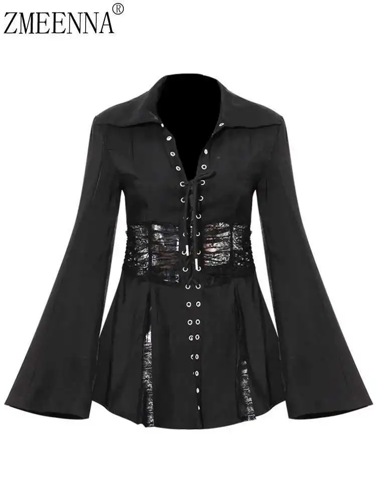 

ZMEENNA Lace Patchwork Split Irregular Bandage Solid Color High Waist A-line Women's Blazers 2024 Autumn Winter New ZM341